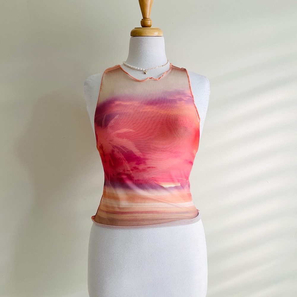 Bershka Sunset Mesh Halter Tank - Pink, Orange, Purple